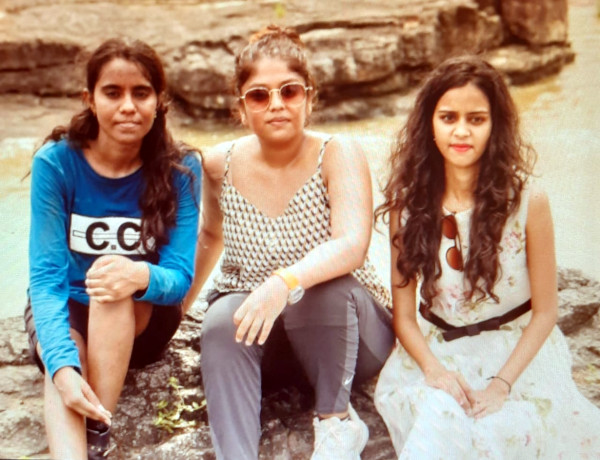 Mahendra's daughter, Rucha, with cousins at Zanzari Falls.